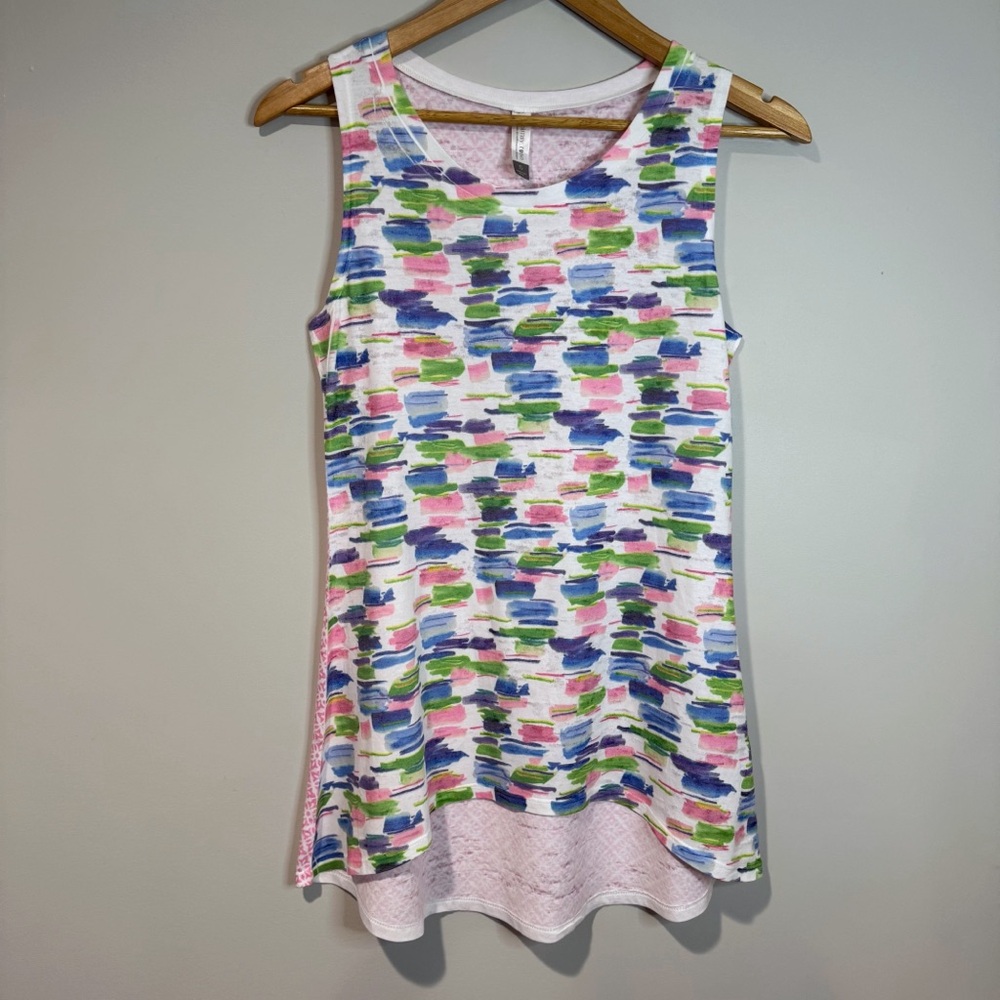 Whimsy Rose Pink Blue Green Abstract Sleeveless Tunic Top Brushstrokes Summer S